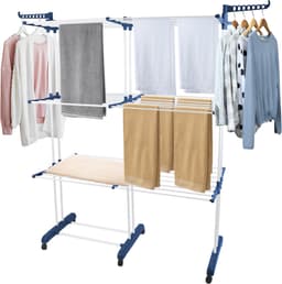 PIPIPOXER- Wasrek Inklapbaar-Droogrek-Staand Droogrek -Uitschuifbare Droogtoren – 3 Verdiepingen – 132 meter Drooglengte- Ruimtebesparend Wasrek -132x49x170 CM- Droogrek op Wielen - blauw en wit — thumbnail 1