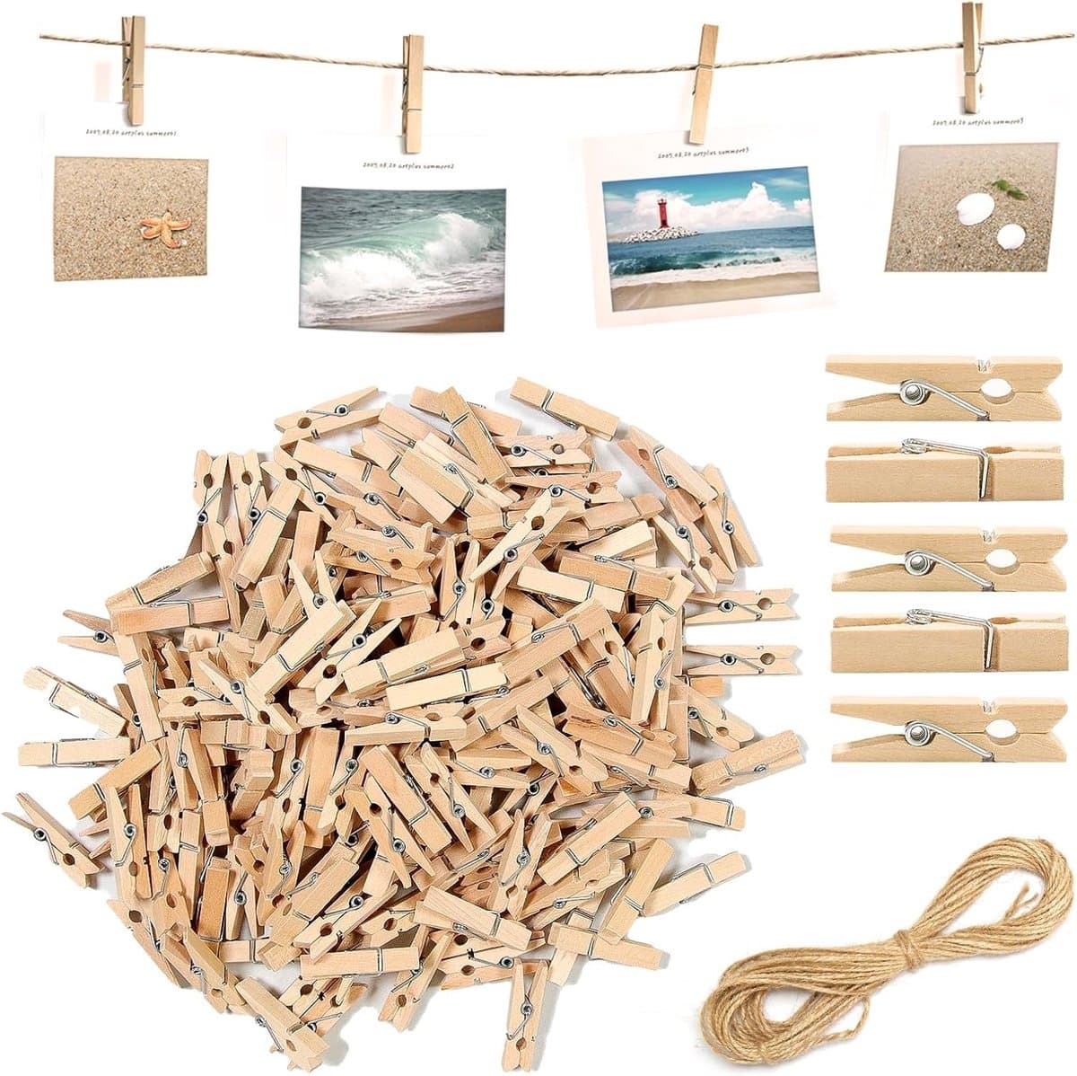 150 mini houten knijpers 3,5 cm met 10 m jute koord - kleine wasknijpers voor foto's, ansichtkaarten en creatieve decoratie ideeën — afbeelding 1