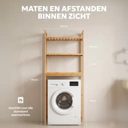 Bamboe Wasmachine Rek - Opbergrek Boven de Wasmachine met 3 Legplanken - Houten Badkamerrek voor Wasruimte, Toilet en Bijkeuken - Ruimtebesparende Opbergkast voor Wasmiddel, Handdoeken en Accessoires - 66 x 26 x 170 cm — thumbnail 2