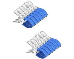 12-pack - Wasknijpers - Metalen veerklemmen - Meubelklemmen - Windbestendige, sterke klemmen - Multifunctioneel - Roestvrij staal - Geschikt voor waslijnen buiten, strandstoelen, tafelkleden en kleding - 12*2*6,5 cm - Blauw