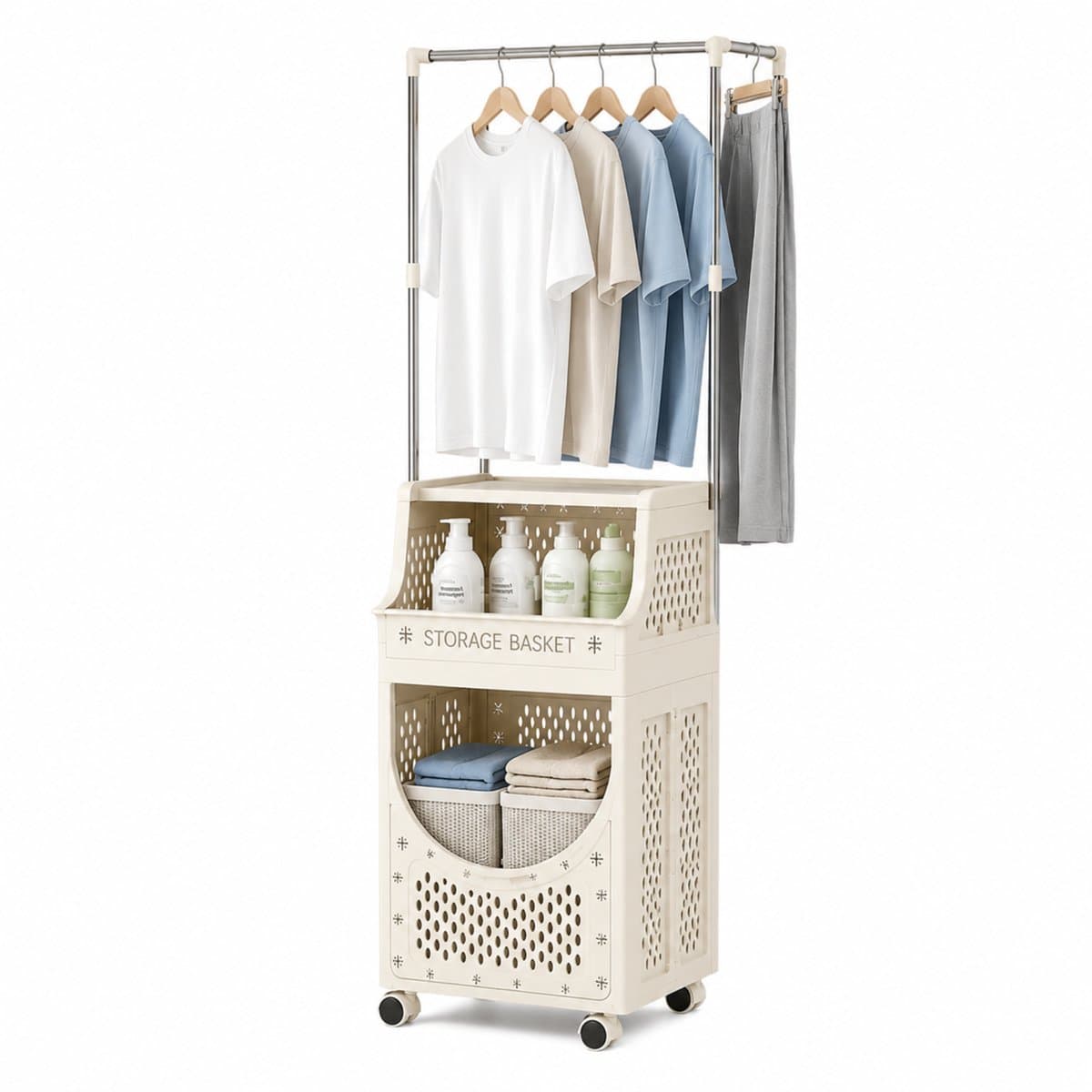 Noventra - Wasmand - met Kledingrek - Wasmand met Rek - Opvouwbare Wasmand - Waswagen met Wielen - Wasgoed Organizer - 3-Laags - Crème — afbeelding 1
