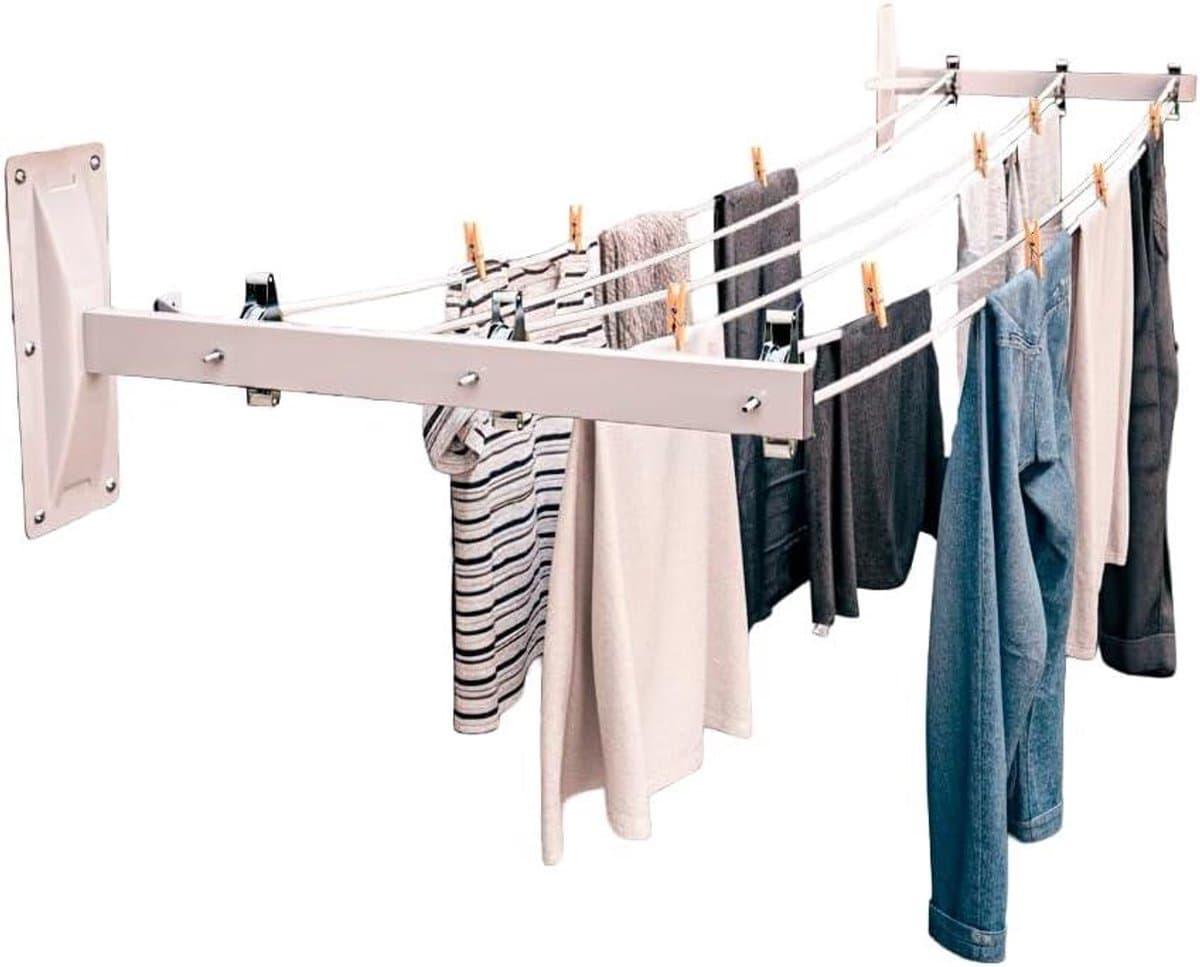 Wandwaslijn - Wasrek Buiten - Kleding Drogen - 6 Roestvrij Staal Katrollen - 45 cm - Wit — afbeelding 1