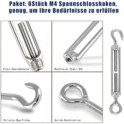 Allecto Plus - Draaibare kabelspanner M6 OC 304 roestvrij staal - Verstelbare draaihaak-oogset - 6-delig - Spanhaak voor luifel touw - Waslijn spannen - Zilver - Heavy duty — thumbnail 5