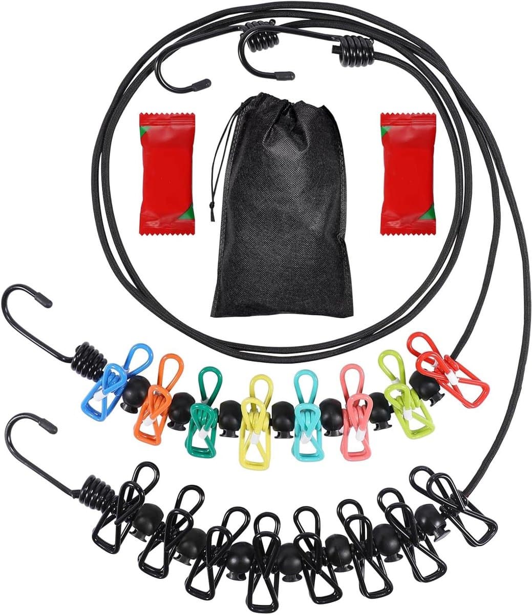 Retractable Portable Clothes line for Travel - 2 Packs of Clothesline with 8 Clothespins and Disposable Compressed Towels - Indoor Camping Accessories — afbeelding 1