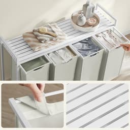 Wasmand 4-vaks sorteermand 116×33×72 cm Wit-grijs Met uittrekbare en afneembare waszakken Lattenrek voor ventilatie Stevig metalen frame Geschikt voor wasruimte, badkamer en slaapkamer — thumbnail 4