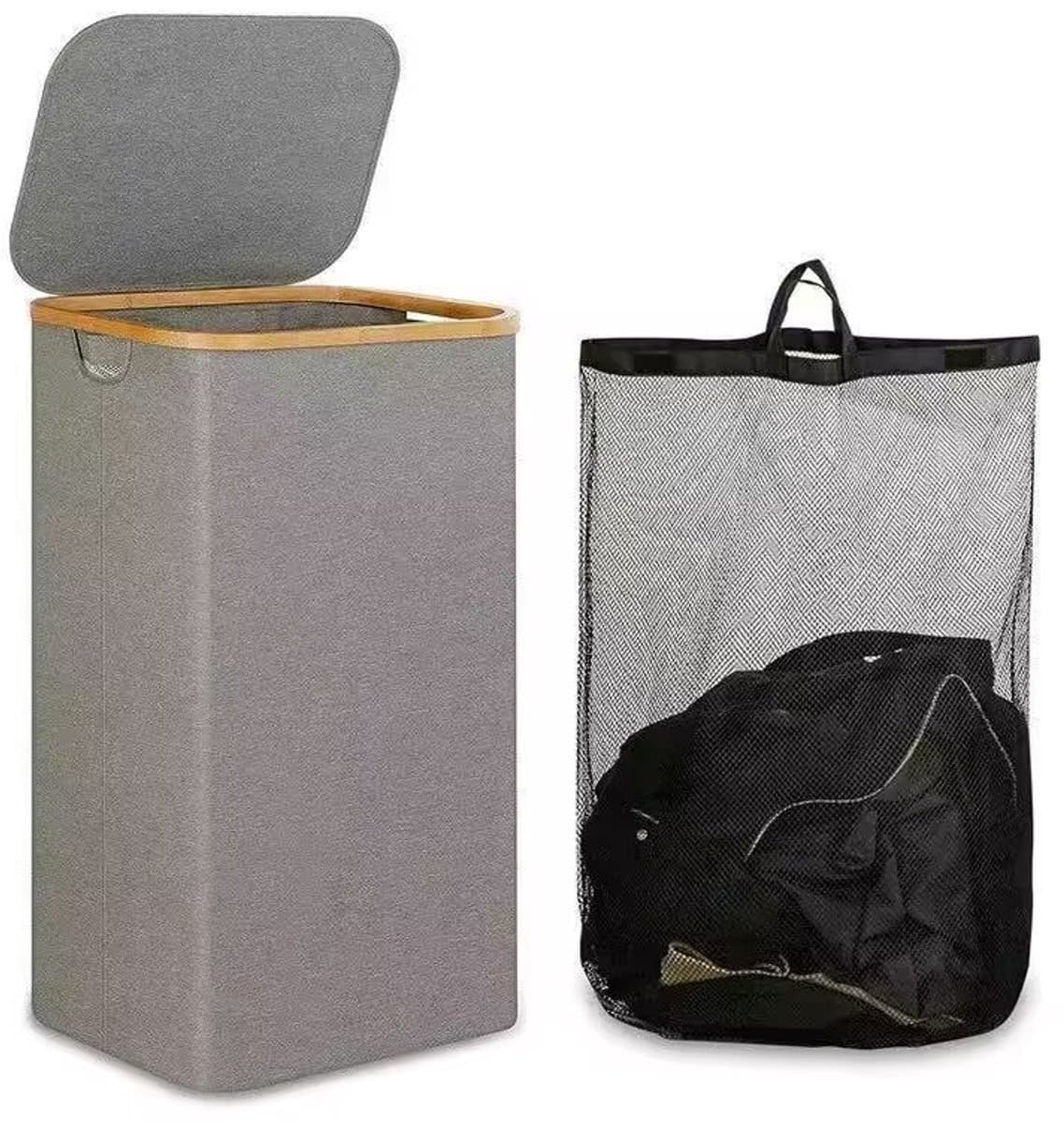 Wasmand - met afneembare waszak - Oxford-stof - bamboe handvat - opvouwbaar - 40,5*33*73 cm -Grijs — afbeelding 1