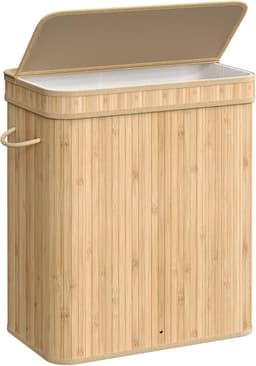 MAZAZU Wasmand Bamboe - Luxe Wasmand met Afneembare & Wasbare Linnen Zak - 100L - Beige - 54,5x34,5x61cm — thumbnail 1