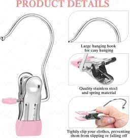 20 Stuks - Wasknijpers - Sokclips - Kledinghangers met Clips - Winddichte clips - Multifunctionele clips - 11,3*4 cm - Roze - RVS - Kledinghaken - Hoedclips - Broekklemmen met Antislip - Voor Rokken, Broeken en Sjaals — thumbnail 3