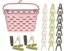 Wasknijpers ophangmandje met haak - roze - en 80x gekleurde wasknijpers van 6 cm - was ophangen — afbeelding 1