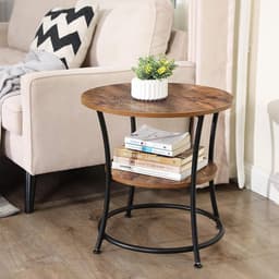 Bijzettafel - rond - 2 planken - diameter 55 cm - zwart met bruin - metaal en houtlook — thumbnail 2