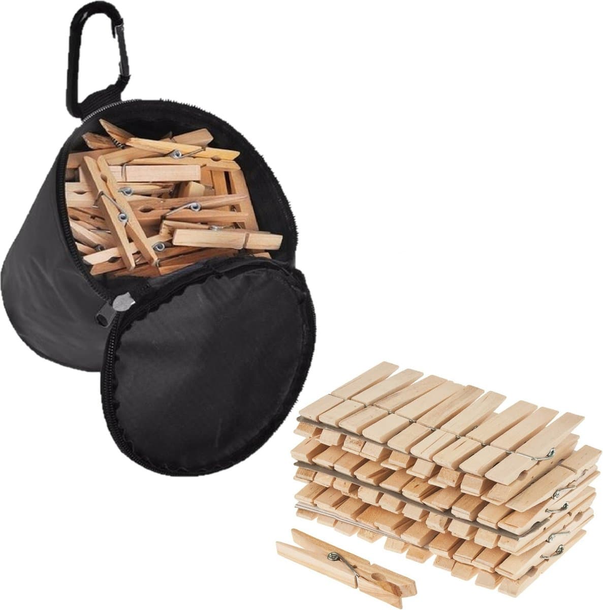 Sorx - Wasknijpers zak met karabijn ophanghaak - 108x wasknijpers hout — afbeelding 1