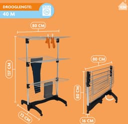 LaundrySpecialist Droogrek Lea - 40 meter aan drooglengte - 3 hoogteniveaus - Inklapbaar droogrek op wielen — thumbnail 5