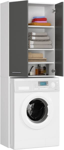 Badkamerkast voor Wasmachine FIN / Hoge Wasmachinekast met 2 Deuren / AKORD Furniture Factory / Wit - Grafietgrijs / 64 x 180 x 30 cm — thumbnail 5