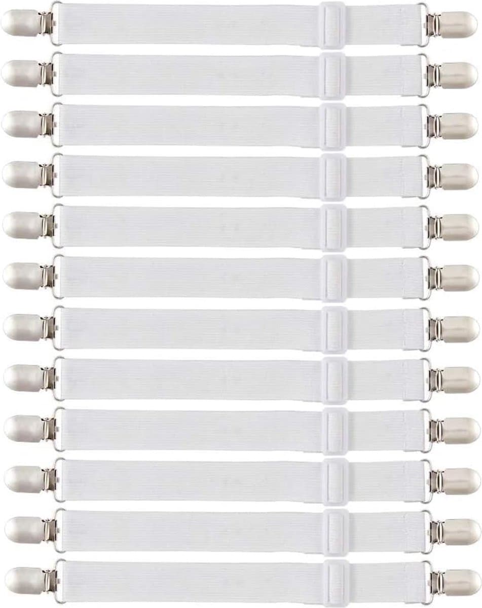 Goodivery ® Verstelbare bedlakenspanners, 12 stuks, elastische bedlakenspanners, lakenspanners met metalen clips, matrasspanners voor laken, matras, strijkplank of bank — afbeelding 1