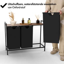 Brixy Wasmand 3 Vakken - Wassorteerder - Uitschuifbaar - Wasbox Metaal - 117L Inhoud - 90 x 33 x 70 cm - Zwart/Bruin — thumbnail 4