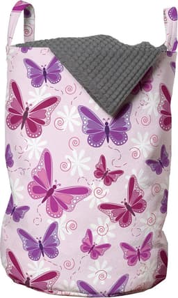 New Bed, Wasmand met Vlinders in Roze en Paars, Opbergmand meisjeskamer decor met Handvatten en Koordsluiting, Speelgoedmand kinderen - Speelgoedkist- Wasbox - 33 x 48 cm — thumbnail 1