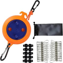 Intrekbare Waslijn - Verstelbare kampeerwaslijn - Draagbare reiswaslijn - Elastische waslijn - Voor buiten/binnen, kamperen, achtertuin, hotel - Met 20 winddichte wasknijpers, 10 stoppers - Oranje, donkerblauw - 32ft/10m — thumbnail 1