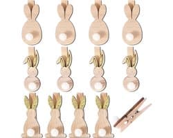 Decoratieve Wasknijpers voor Pasen - Houten Mini Paasknijpers met Pompons - 12 Stuks voor Feestelijke Decoratie