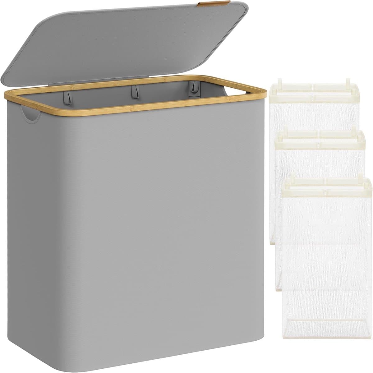 SONGMICS Wasmand met 3 vakken, 150 l, wasmand met deksel, opvouwbaar, afneembare waszak, Oxford stof, bamboe handvatten, 60 x 38,5 x 70,5 cm, duifgrijs — afbeelding 1
