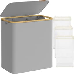SONGMICS Wasmand met 3 vakken, 150 l, wasmand met deksel, opvouwbaar, afneembare waszak, Oxford stof, bamboe handvatten, 60 x 38,5 x 70,5 cm, duifgrijs — thumbnail 1