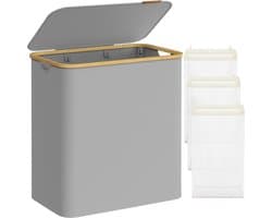 SONGMICS Wasmand met 3 vakken, 150 l, wasmand met deksel, opvouwbaar, afneembare waszak, Oxford stof, bamboe handvatten, 60 x 38,5 x 70,5 cm, duifgrijs — afbeelding 1