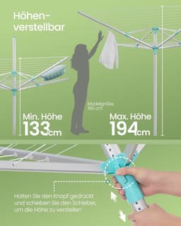 Furnstar - Droogrek in hoogte verstelbaar 60 m waslijn voor 6 wasmachineladingen outdoor tuin met bodemhuls wasknijpers zilver-groen LLR302E01 — thumbnail 3
