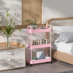 3-Tier Slide-out Slim Rolling Utility Cart Mobiele Opslag Rekken Organizer voor Keuken Badkamer Wasruimte Slaapkamer - Roze Plastic Wasmachine rek — thumbnail 2