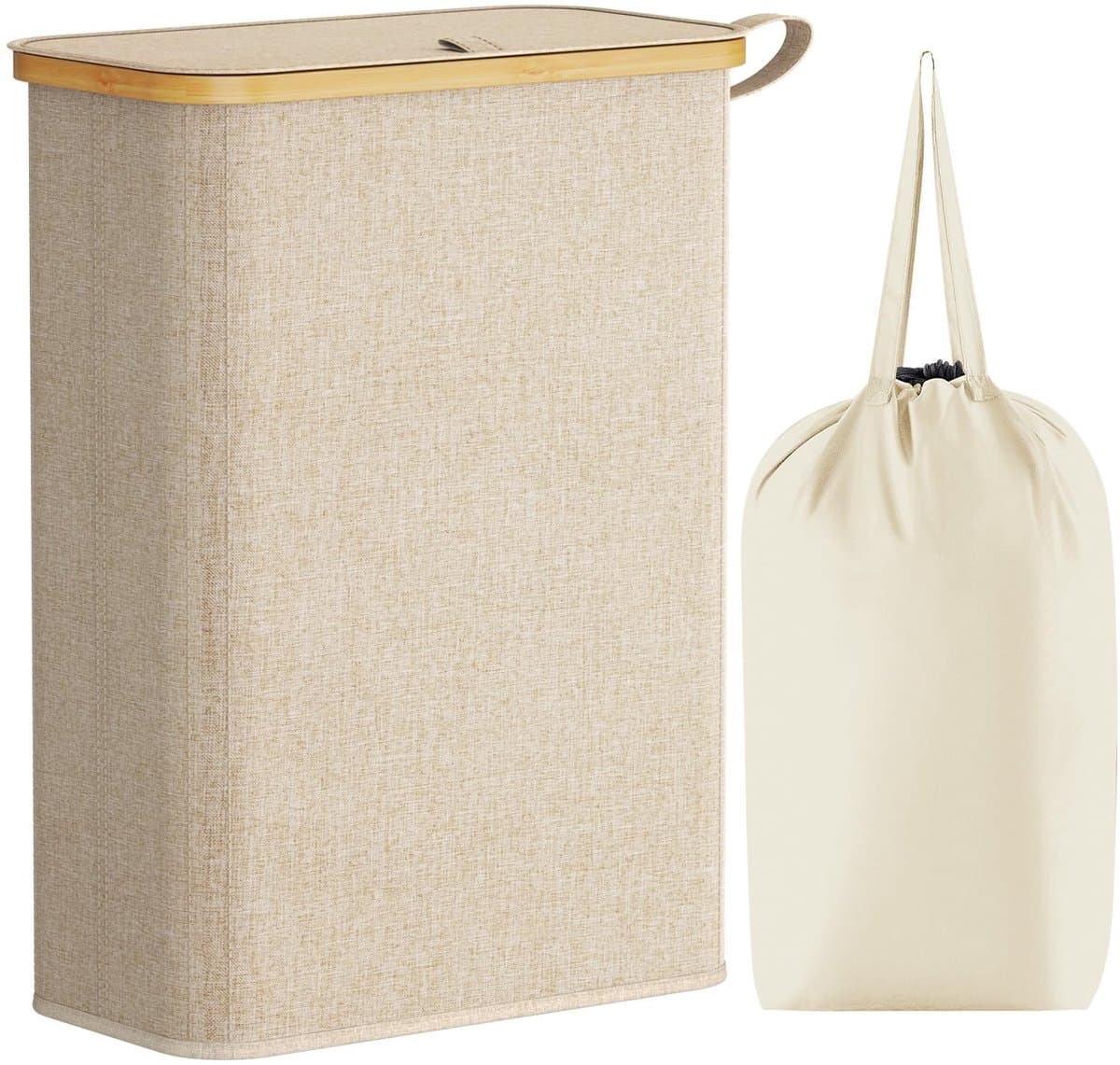 Wasmand - 50 Liter - Wasmand met Deksel - Uitneembare Waszakken - Beige - Opvouwbare Wasbox voor Badkamer & Slaapkamer — afbeelding 1