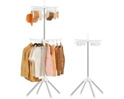 Opvouwbaar Kledingdroogrek - 2 Niveaus - Draagbaar - Roteerbare Kledingrail - 24 Klemmen - 3 Roteerbare Armen - Geschikt voor Appartementen en Kleine Kamers