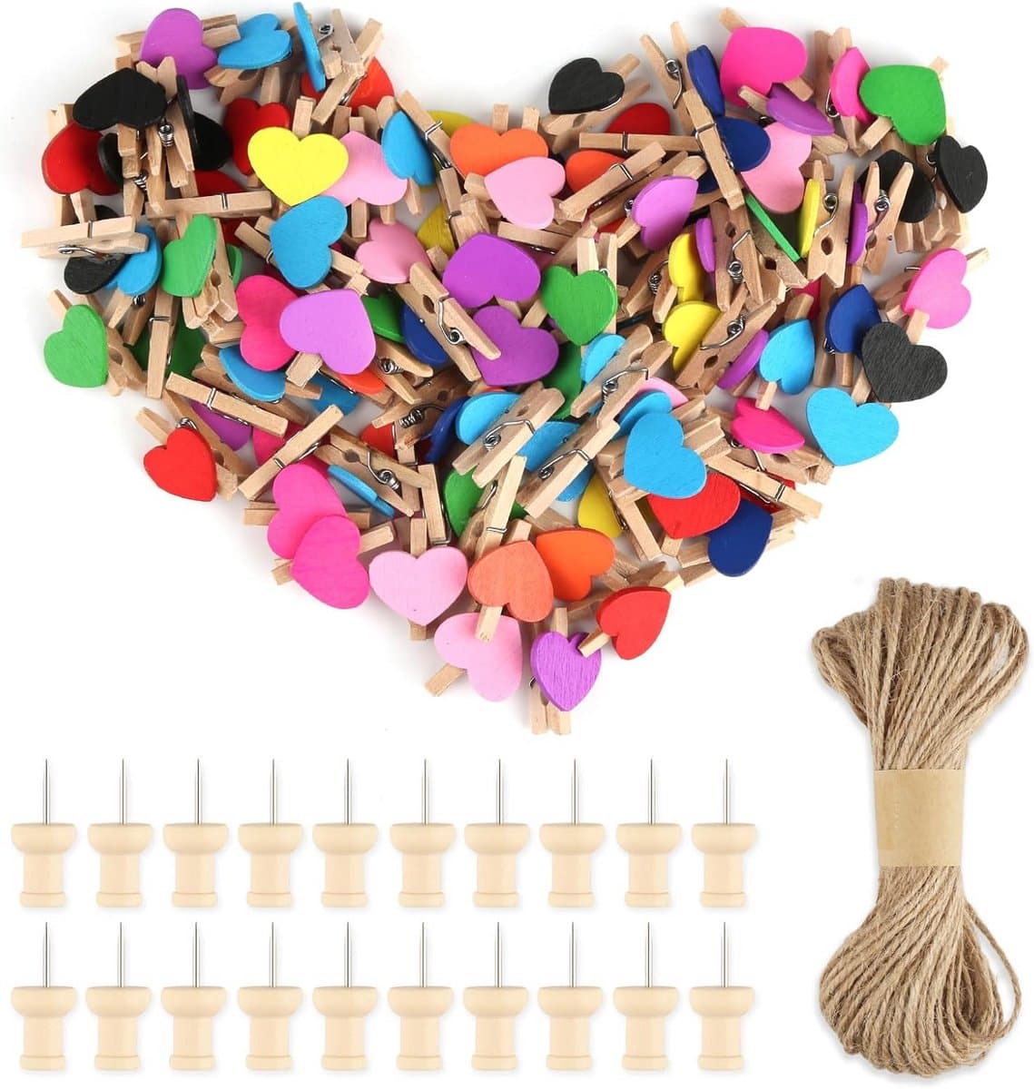 Mini houten haringen - Decoratieve clips - Fotowand decoreren - Hartvormig design - 100 stuks - 10 kleuren — afbeelding 1