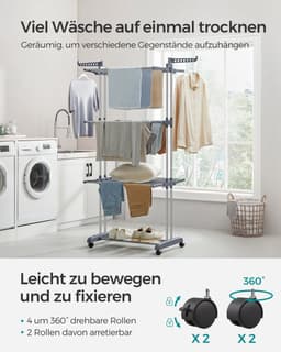 ELYSIVM Wasrek - Droogrek - Droogrek op wielen - Wasrek Toren - Droogtoren 4 Niveaus - Opvouwbare Vleugels met 360° Haken - Verplaatsbaar en Vast Te Zetten - Tot 35 kg - 64 x 126 x 172 cm - Grijs — thumbnail 3