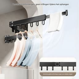 Waslijn – Voor dekbedden en kleding – Inklapbare en uittrekbare aluminium droogstang, telescopisch, geen boorinstallatie nodig – Zwart — thumbnail 2