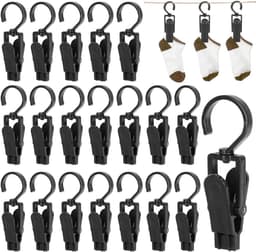 20 Zwarte Knijpers met 360째 Draaibare Haak, Draagbare Knijperhanger, voor Kleding, Handdoek, Sokken, Jeans — thumbnail 1