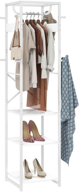 Kledingrek met Stang en 2 Open Planken, Hout en Staal, 38,5x30x170 cm, Wit en Houtkleur — thumbnail 1