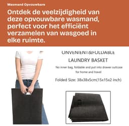 Dailygoods- Wasmand 60 Liter - Opvouwbare Wasverzamelaar - Smalle Wasmand - Vilten Wasmand - Zwart - Geschikt voor Slaapkamer/Badkamer — thumbnail 2