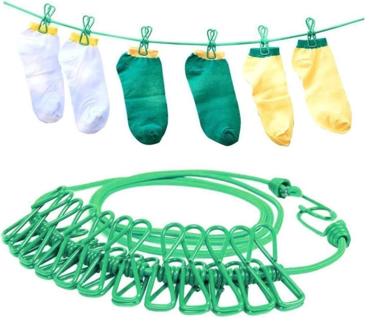 Elastische Waslijn - Reis Waslijn - Kleding Drogen - Met Wasknijpers - 190 cm - Groen — afbeelding 1