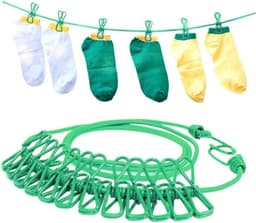 Elastische Waslijn - Reis Waslijn - Kleding Drogen - Met Wasknijpers - 190 cm - Groen — thumbnail 1