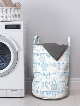 ABAKUHAUS kleuterschoolwaszak, babykleding drogen, wasmand met handvatten en trekkoord voor wasserettes, wit en blauw — thumbnail 3