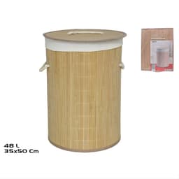 Gerimport Wasmand van bamboe Irka - 2x - 48 liter - D35 x 50 cm - met deksel / binnenvoering - opvouwbaar — thumbnail 3