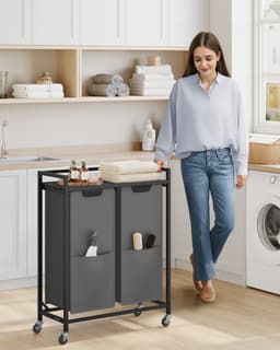 VASAGLE - Wasmand - Wassorteerder - 2 Vakken - Verrijdbare - Plank - Uitneembare Tassen - 110 L — thumbnail 3