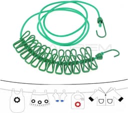 Elastische Kledinglijn - Draagbare Waslijn - Reizen en Buiten - Met 12 Knijpers - Tot 380 cm - Groen — thumbnail 5