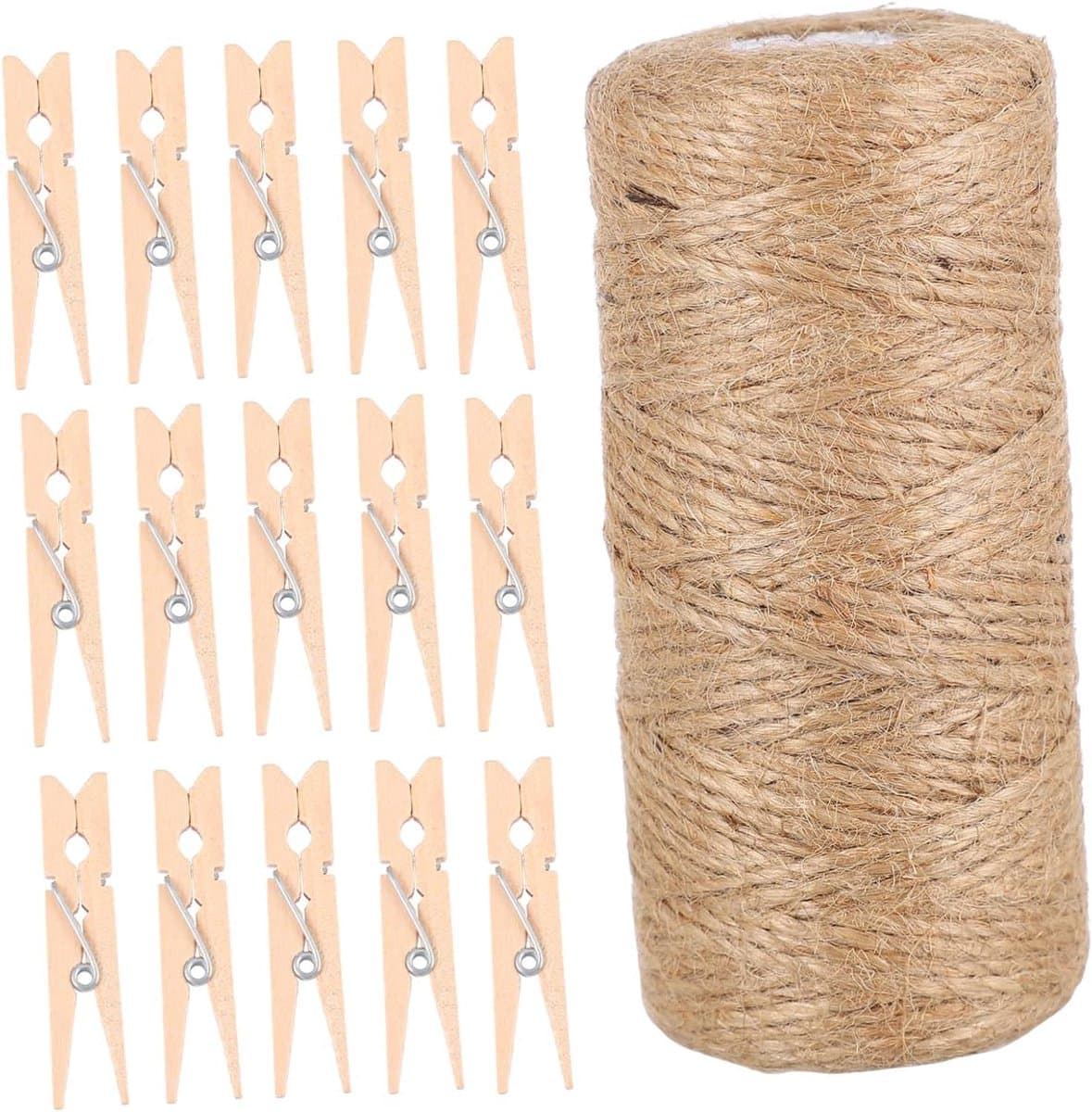 Houten Fotoclips - Wasknijpers Decoratie - Foto's Ophangen - Natuurlijk Jute Touw - 100 Stuks - Kaki — afbeelding 1