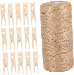 Houten Fotoclips - Wasknijpers Decoratie - Foto's Ophangen - Natuurlijk Jute Touw - 100 Stuks - Kaki — thumbnail 1
