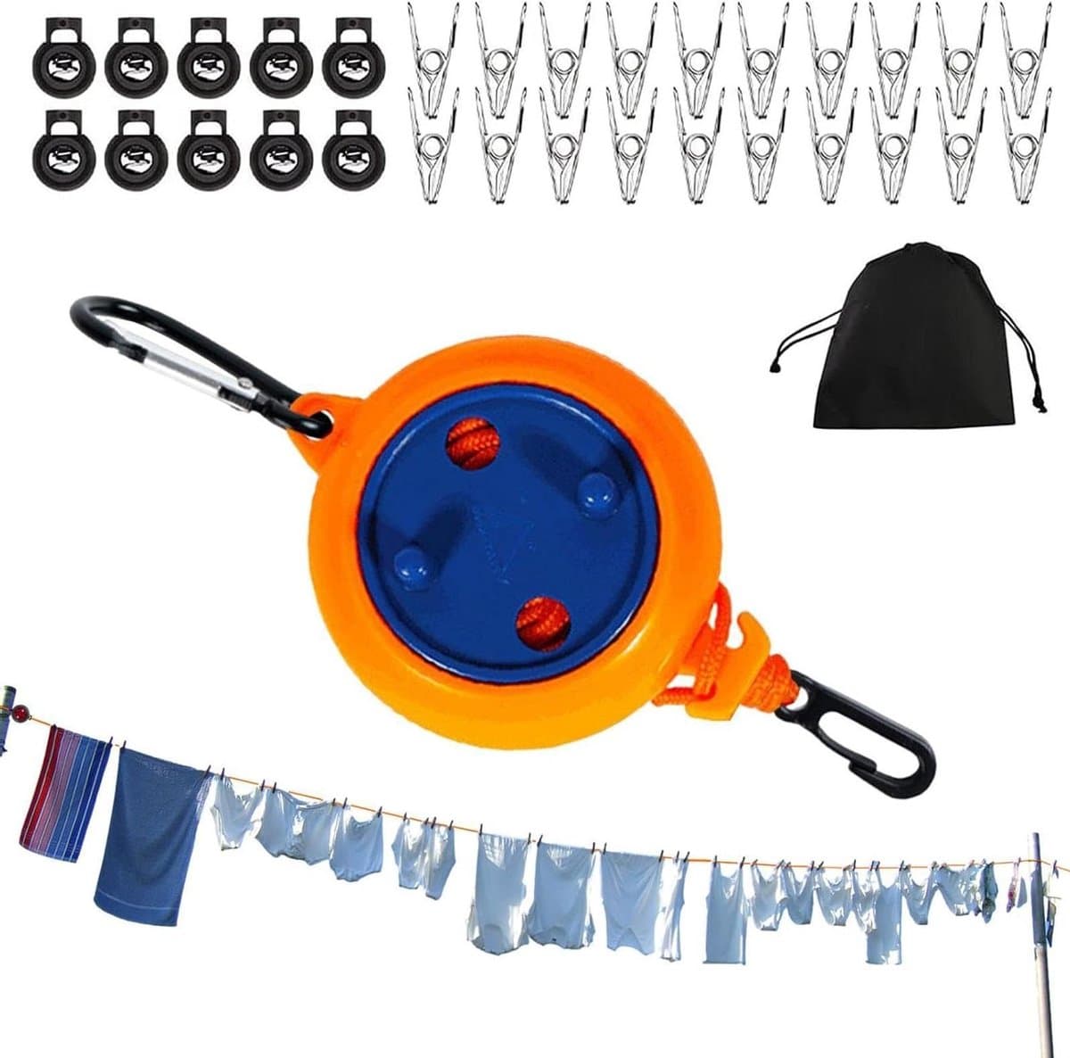 Waslijn voor buiten - Draagbaar droogrek - Kleding drogen - Winddicht ontwerp - 10 meter - Oranje — afbeelding 1
