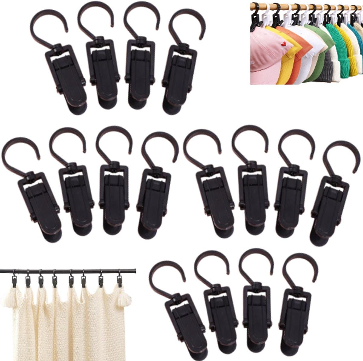16 stuks -draaibare handdoekclip-kledingclip- gordijnclip-sokkenclip-multifunctionele hoedclip-handschoenclip met haak- kledingclip-stoffenclip-zwart-10,5*3,5 cm-voor het drogen van kleding, hoeden, handdoeken, sokken en handschoenen — afbeelding 1