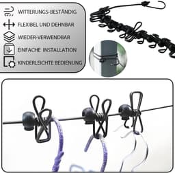 Dailygoods- Waslijn Draagbaar - Oprolbaar - Elastisch - 12 Klemmen - Uittrekbaar 180/360 cm - Lichtgewicht en Compact - Reiswaslijn — thumbnail 4