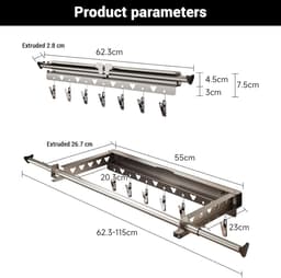Opvouwbaar muurwasrek – uitschuifbaar droogrek 62.3–115 cm met klemmen – ruimtebesparend zwart — thumbnail 1