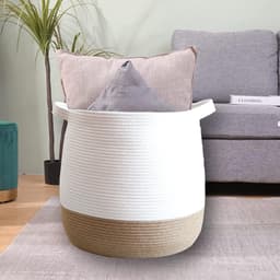 Dailygoody - Grote mand van katoenen touw - Opbergmand voor speelgoed - Natuurlijk materiaal - Bruin linnen en wit - Ruime capaciteit - Veilig voor ki — thumbnail 3