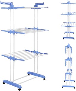 Droogrek Toren - Wastoren Opvouwbaar - Kleding Drogen - Ruimtebesparend Ontwerp - 4 Niveaus - Blauw Wit — thumbnail 1