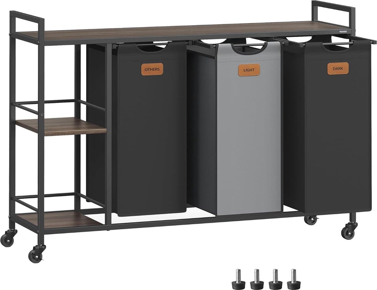FurnStar Wasmand 3 Vakken – Wassorteerder 150L met Rollen en Planken – Afneembare Waszakken – 6 Etiketten – 117 x 33 x 80,5 cm – Kastanjebruin - Inktzwart & Duifgrijs — afbeelding 1